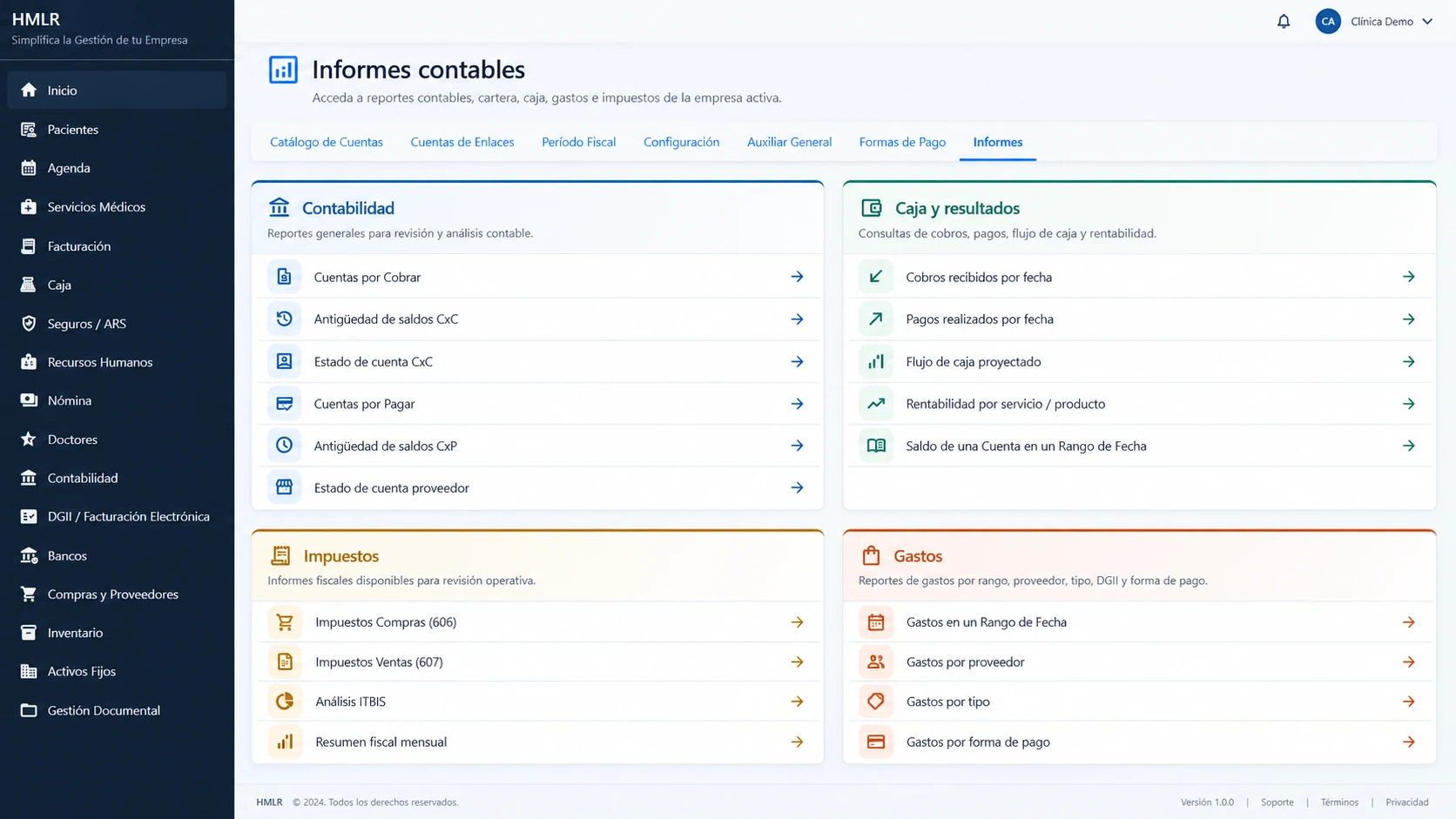 Pantalla HMLR de informes contables con cuentas por cobrar y pagar, caja, resultados, impuestos y gastos en una empresa de demostración.