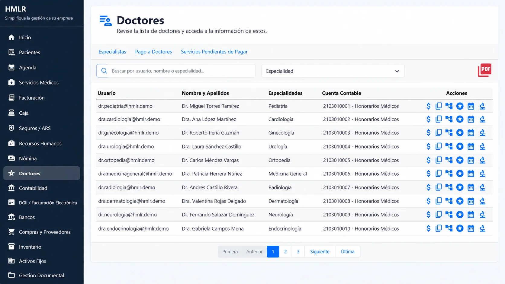 Pantalla HMLR de doctores y especialidades con búsqueda, usuarios de demostración, cuentas contables y acciones con datos ficticios.