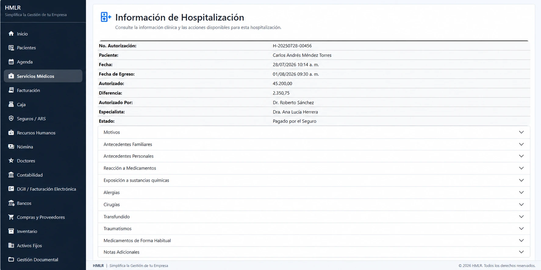 Pantalla HMLR de información de hospitalización con autorización, paciente, ingreso, egreso, responsables y antecedentes clínicos con datos ficticios.
