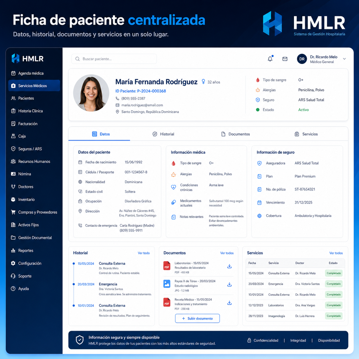 Ficha de paciente HMLR con datos personales, historial, documentos, seguros, citas y facturación con datos ficticios.