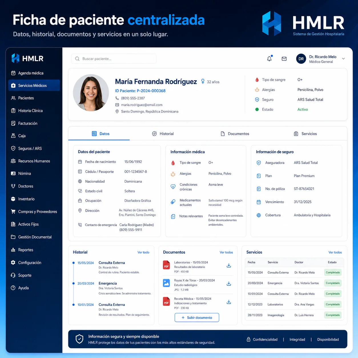 Flujo HMLR de documentos médico-legales con paciente, servicio, documento, firma o validación, archivo y trazabilidad con datos ficticios.