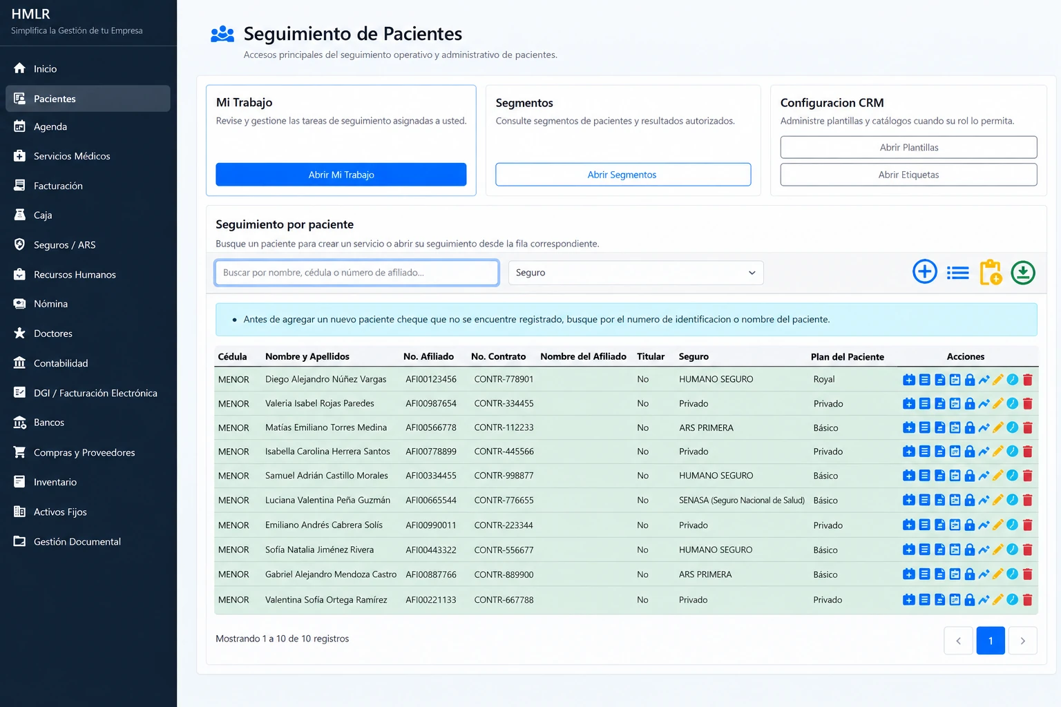 Pantalla HMLR de seguimiento de pacientes con tareas asignadas, segmentos, configuración CRM, búsqueda y listado de pacientes con datos ficticios.