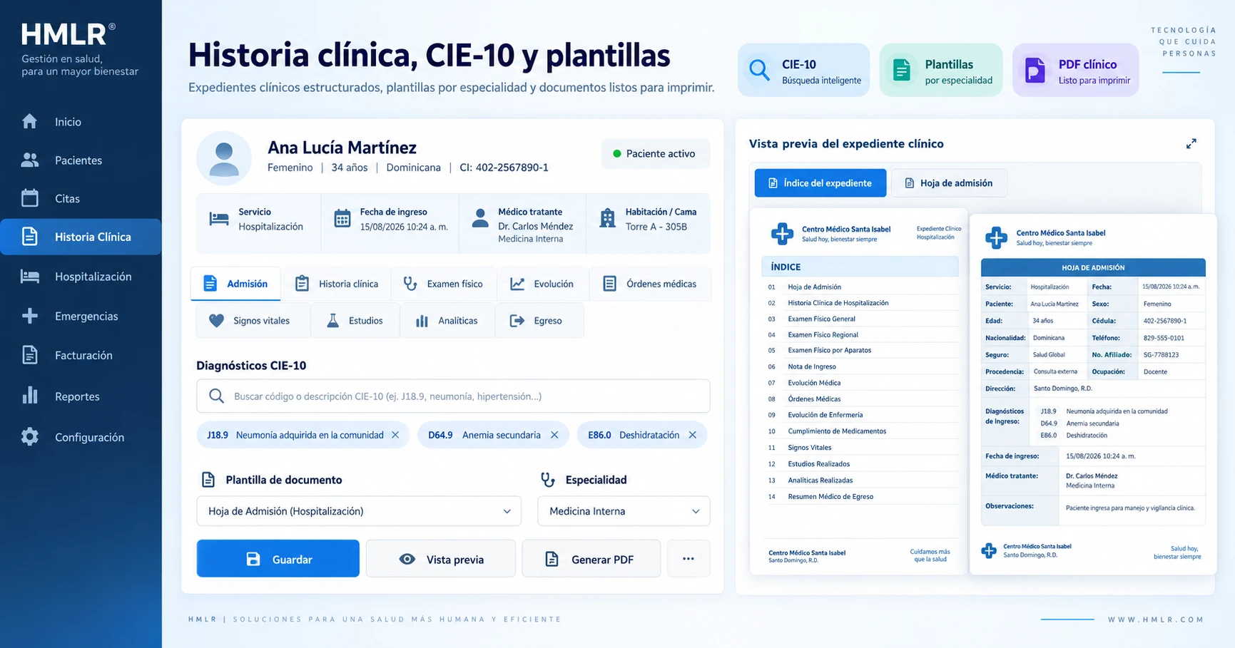 Vista ilustrativa HMLR de historia clínica con diagnósticos CIE-10, documentación clínica y generación de PDF.
