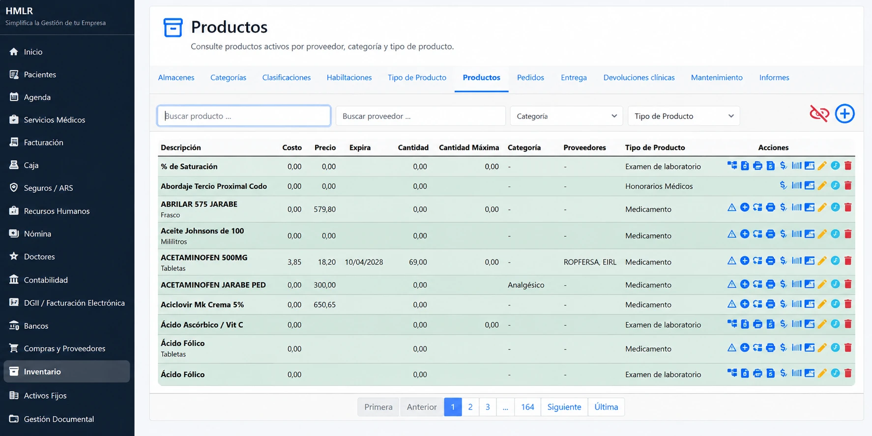 Pantalla HMLR de productos e inventario con búsqueda, existencias, costos, precios, proveedores y categorías con datos ficticios.