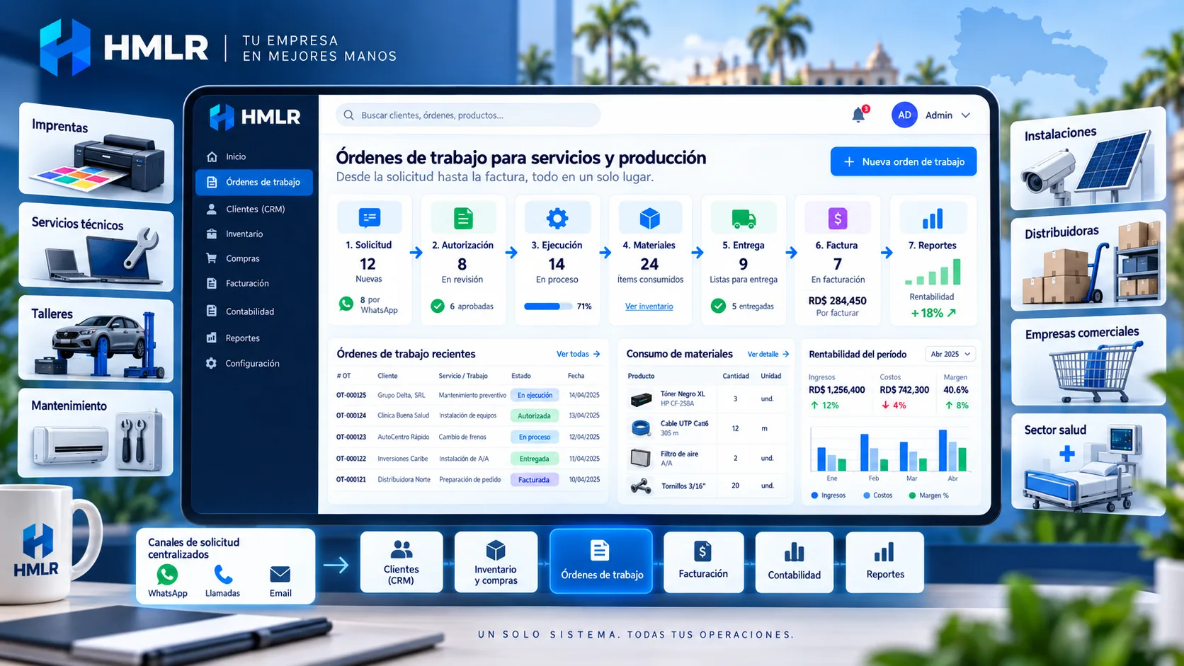 Flujo HMLR de mantenimiento con equipo, solicitud, técnico, mantenimiento, materiales, costo y reporte con datos ficticios.