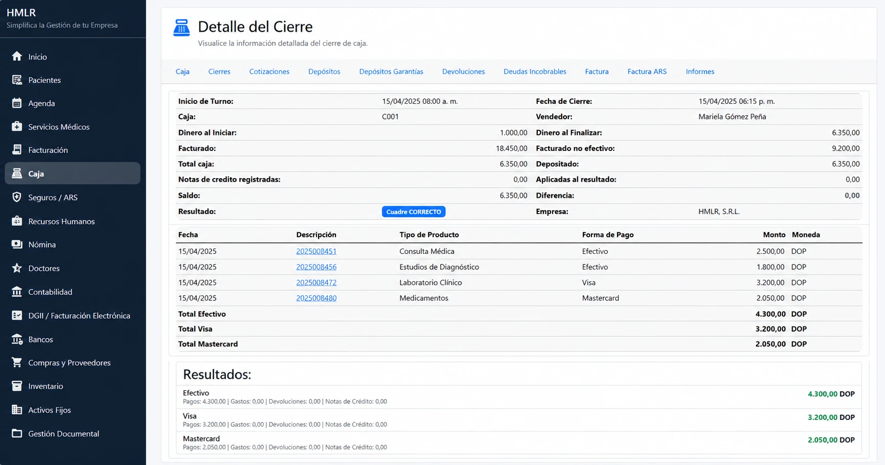 Detalle de cierre de caja HMLR con turno, cajero, facturación, efectivo, pagos con tarjetas, depósitos, diferencias y resultados con datos ficticios.