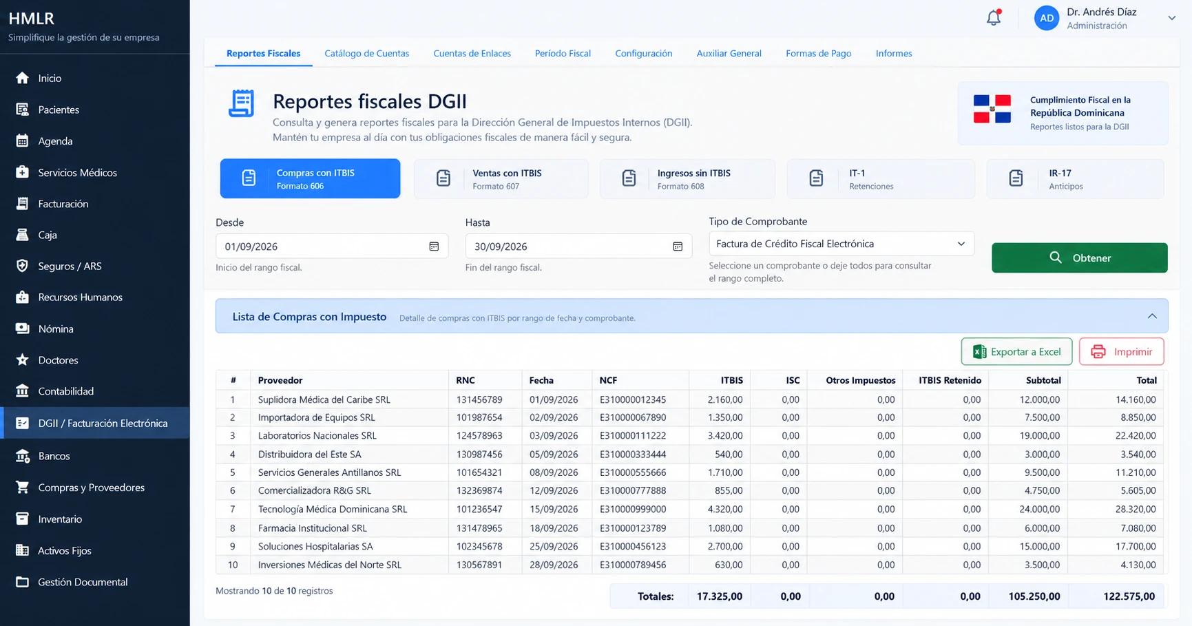 Pantalla HMLR de reportes fiscales y consultas de impuestos con filtros por período y exportación.